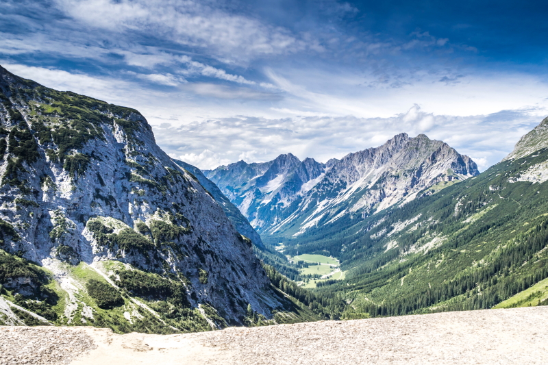 Looking down the Karwendel Valley from Karwendelhaus. Our route goes through this valley