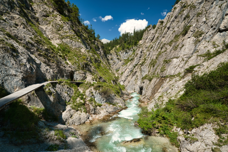The famous Gleirschklamm Gorge, Wooden walkways pass by the fast flowing river