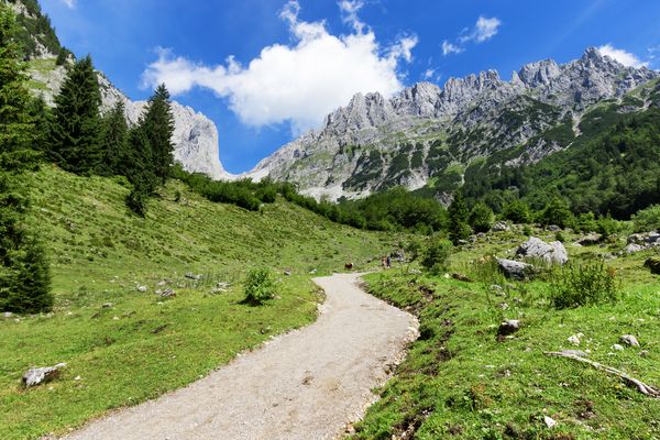 Views of the Wilder Kaiser Mountains behind the Gaudeamus Hutte, at the end of stage 1 of the Adlerweg. In the foreground is a good walking path through a green meadow.