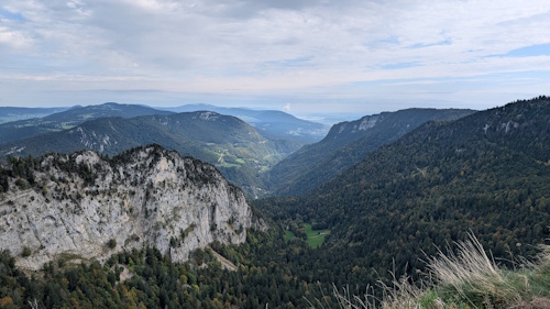 View from the Creux du Van (known as the Swiss Grand Canyon) on stage 2 of the Jura Crest Trail 