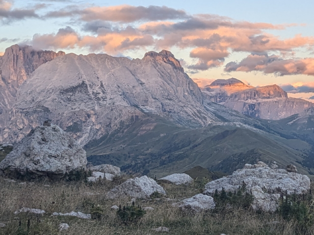 View over the Sassolungo, Sella group and Marmolada from Rifugio Alpe di Tires on the Alta Via 9