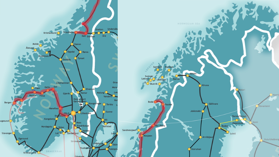 The 2 big Norwegian scenic rail lines (Map 1 of 5): Oslo-Bergen and Trondheim-Bodo.
