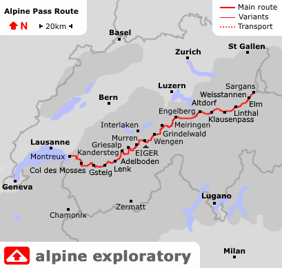 Map showing the route of Alpine Exploratory's Via Alpina walking holiday