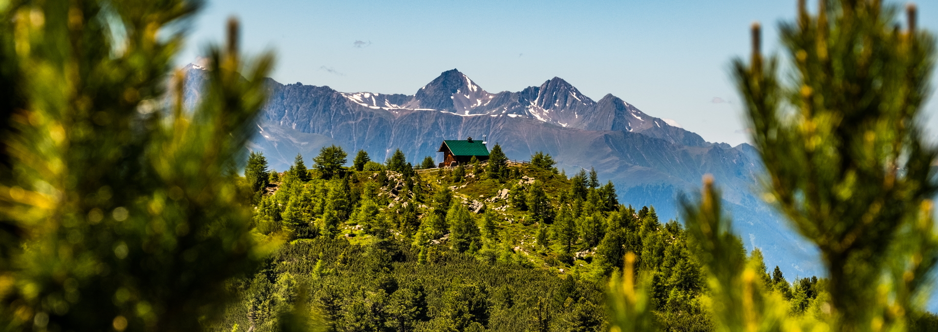A hut viewed between beautiful woodland on the Zirbenweg walking trail above Innsbruck. Behind the hut, peaks in the Tux Alps are visable