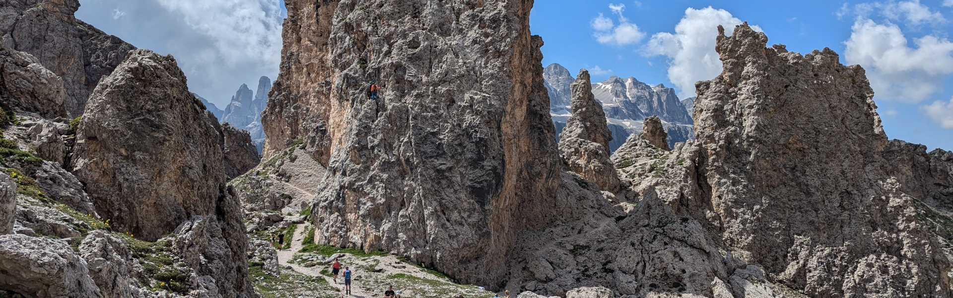 Walkers among rocks on the AV2, Italian Dolomites