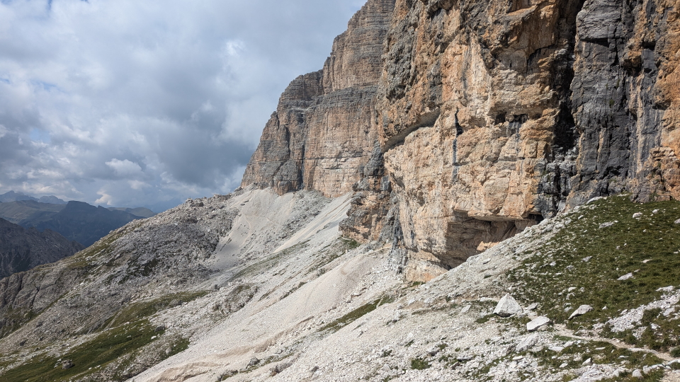 Steep limestone cliffs, typical terrain in the Dolomites, on the AV9