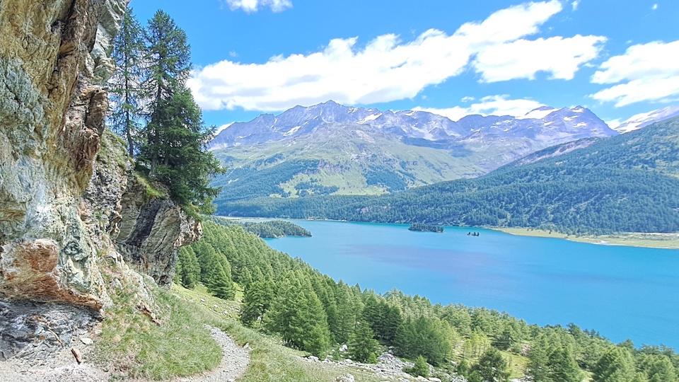Looking out over Lake Silvaplana on Stage 6, from Corviglia to Maloja, firmly in the Upper Engadine