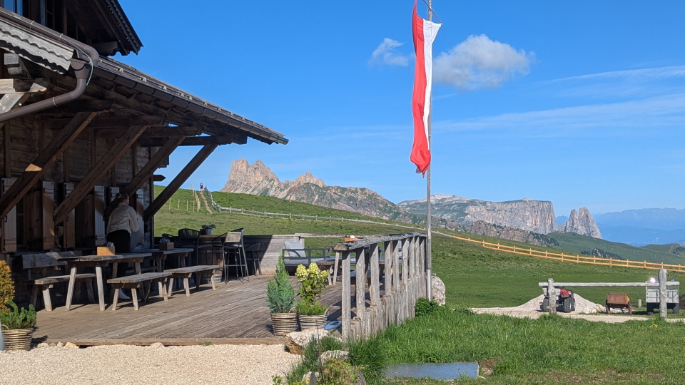 Rifugio Sasso Piato and a red and white flag on the Alta Via 9