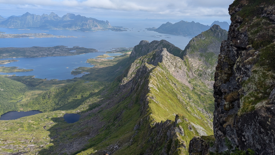 A view of sea and a well-defined ridge in Lofoten