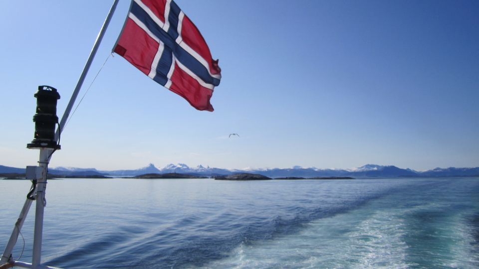 The Norwegian flag on a boat from Bodo to Moskenes