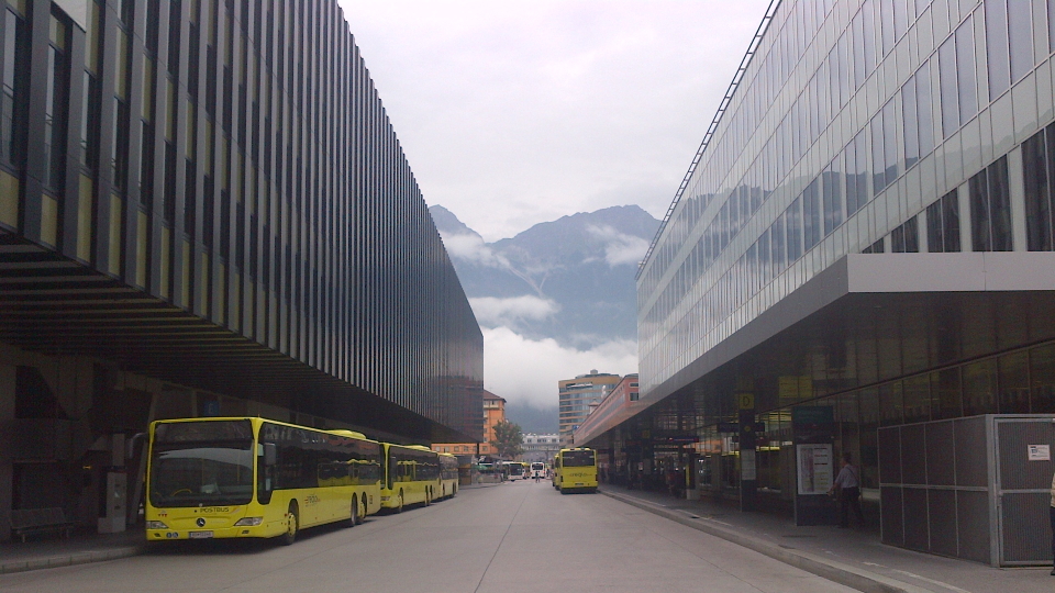 Buses wait outside Innsbruck train station