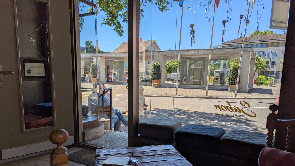 The view from inside a cafe in Brugg on the Jura Crest Trail