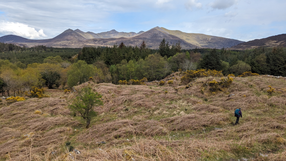 A hiker on the moor with distant hills, Kerry Way