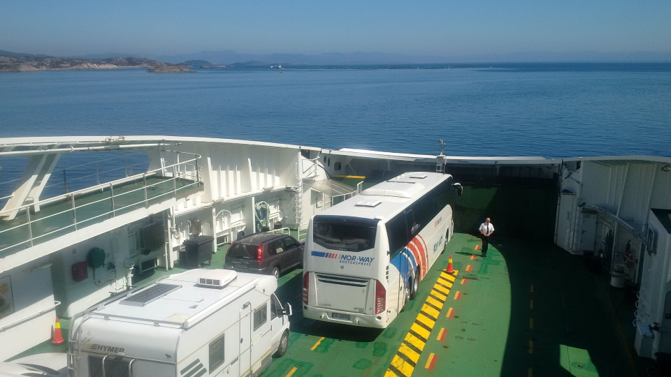 A Norwegian long-distance bus takes the ferry, just like that, here between Haugesund and Stavanger.