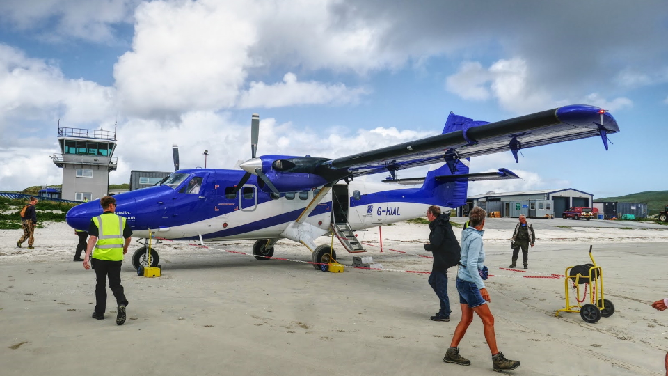 The plane at Barra, Hebrides, on the beach airstrip
