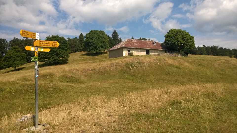 A jura signpost and barn on the way to Saint-Cergue