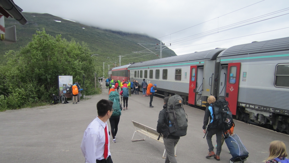 Walkers leave the train at Abisko, Northern Sweden