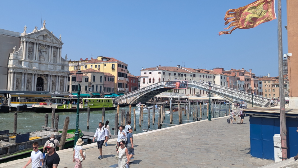 Canal in Venice, walkers walking by