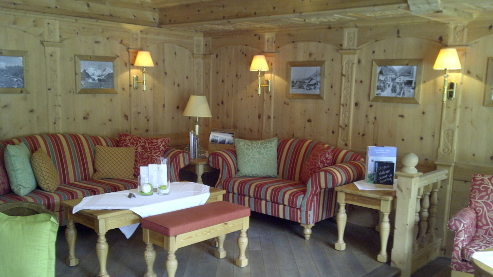 A lounge in the lobby of a Zermatt hotel; generous, casual lounges are common in Alpine hotels
