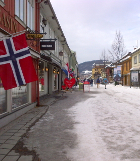 A snowy high street in Lillehammer