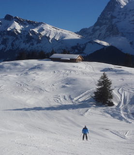 A sole person skiing above Murren